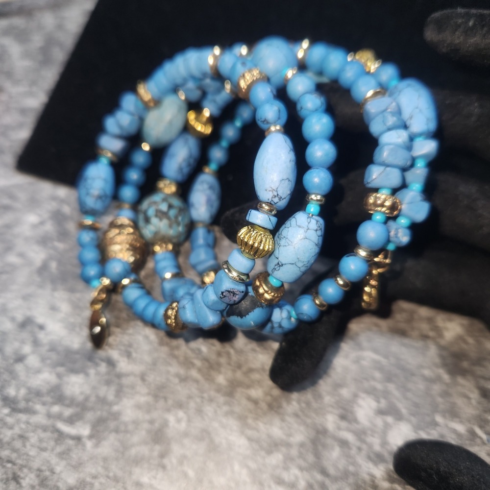 Chicos Blue Turquoise  color Multi Strand Wrap Bracelet Gold Tone Accents‎